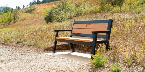 Wishbone Rutherford Bench Redwood Lumber Textured Black Frame on the Salmon Trail in Lumby BC-1